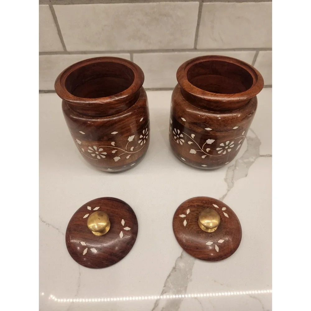 Wooden Kitchen Storage Flower Canister Jars with Lid for Snacks,‎ Food Set Of 2